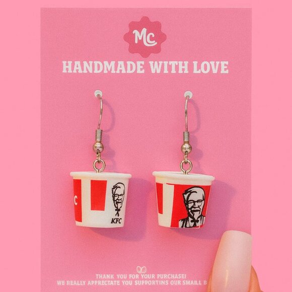 Cute Fried Chicken Bucket Earrings — Mini Food Dangle Jewelry - Picture 3 of 4